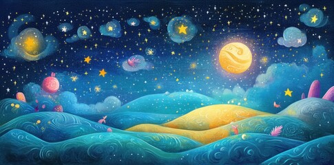 Fototapeta premium Whimsical night landscape with moon stars and rolling hills
