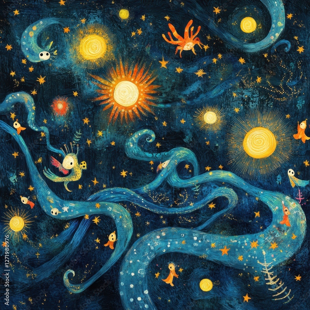 Wall mural whimsical creatures float among stars and celestial orbs
