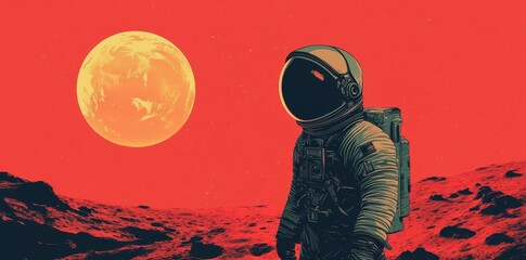 Obraz premium Astronaut explores a desolate red planet landscape with large sun