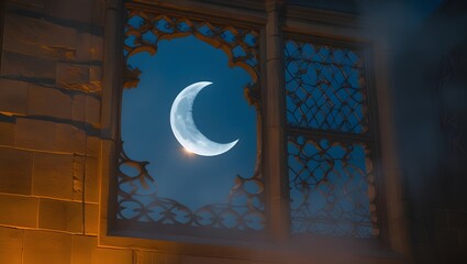 A crescent moon visible through ornate lattice windows, Ramadan Ambience.