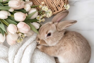 Cute easter bunny nestling beside tulip bouquet, wicker basket on marble background, capturing seasonal pastel charm