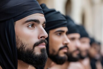 Row of nazarenes wearing black tunics and hoods, waiting for the procession during holy week celebrations