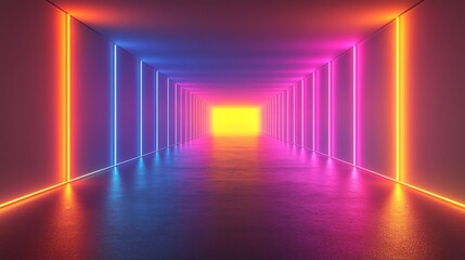 Glowing neon lights create a tunnel effect in long hallway
