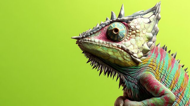 A unique chameleon-bird hybrid with colorful scales and sharp beak perched on a lime green solid background,
