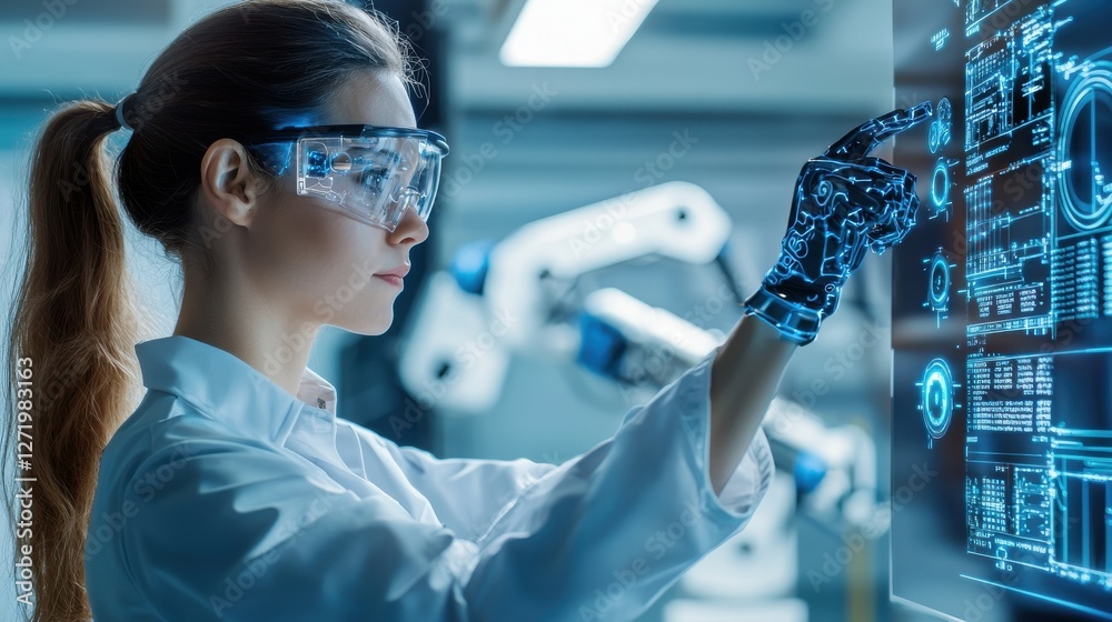 Poster a woman wearing a lab coat and goggles is pointing at a computer screen