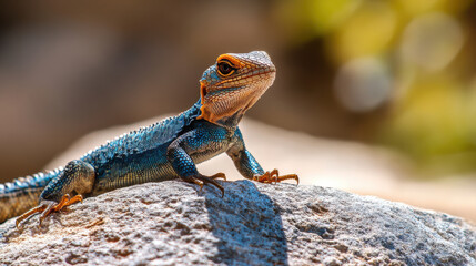 Basking lizard with vibrant blue and orange colors on sunlit rock