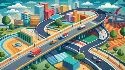 Top view of highway road and bridge in city