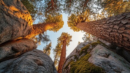 Golden Sunlight Illuminating Tall Trees and Mossy Rocks