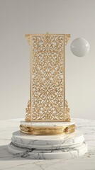 Delicate golden filigree on a marble pedestal, refined style., delicate detail, beautiful object, luxurious display, elegant showcase