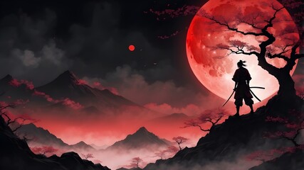 A Lone Samurai Stands on a Mountain at night, against the backdrop of a red moon.