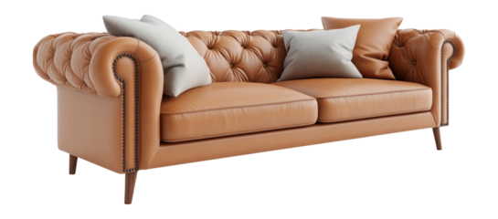 PNG Caramel-colored leather sofa cushions furniture tufted.