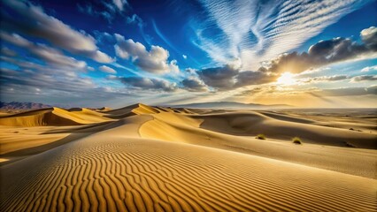 Naklejka premium Desert landscape with vast open space and towering sand dunes blowing gently in the wind, atmospheric effects, serene environment, landscape