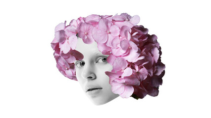 Conceptual art collage. Woman's face merged with beautiful pink flowers against white background,...
