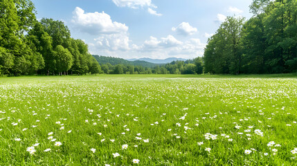 Sunny meadow, white flowers, green trees, mountain view, nature scene