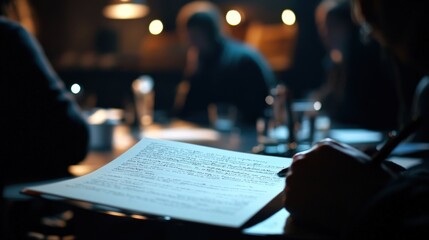 A closeup of a script lying open on the table filled with handwritten notes and annotations reveals the behindthescenes process while blurry silhouettes of actors and the director engage