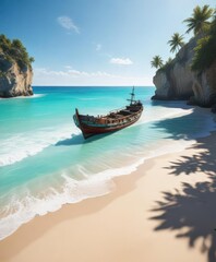 Fototapeta premium Distant shipwreck in the turquoise sea on a sunny beach day , shipwreck, warm, distance