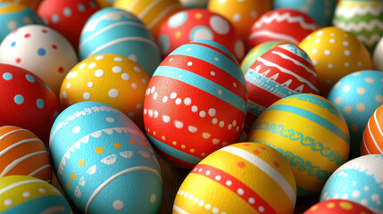 A vibrant collection of beautifully decorated Easter eggs showcasing various patterns and colors, perfect for celebrating the festive spring season