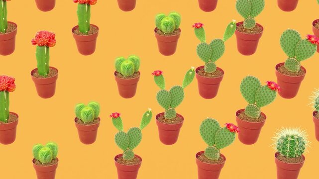 Many different species of cacti form a floral pattern. Echinocactus grusonii or golden barrel cactus, gymnocalycium mihanovichii, opuntia microdasys or bunny ears cactus, parodia leninghausii