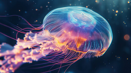Obraz premium Vibrant Jellyfish: Captivating Underwater Marine Life with Colorful Bioluminescence