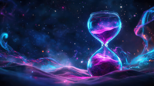 Mystical Hourglass Flowing Through Cosmic Galaxy: Meditative Sci-Fi Timelapse in Purple and Blue Nebula Sky 