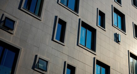 Obraz premium Modern building facade with geometric windows reflecting sunlight