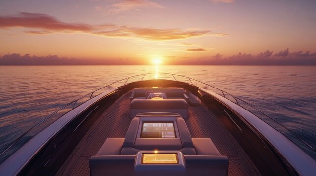 A tranquil boat interior with the ocean at sunset, financial data charts blending seamlessly into the scene.