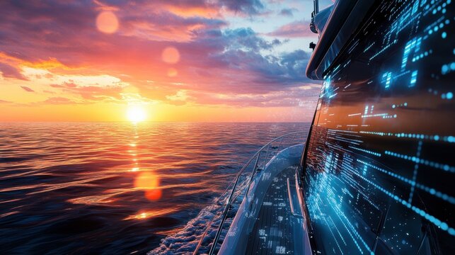 A tranquil boat interior with the ocean at sunset, financial data charts blending seamlessly into the scene.
