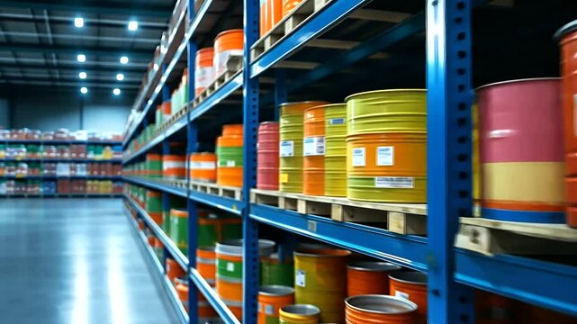 Rows of neatly stacked canned goods on industrial shelves in a large, brightly lit warehouse, symbolizing organized emergency food stock for aid distribution