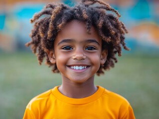 Portrait of a Joyful Young Boy with Curly Hair, Sparkling Eyes, and a Radiant Smile, Wearing a Vibrant Orange Shirt Outdoors on a Sunny Day.