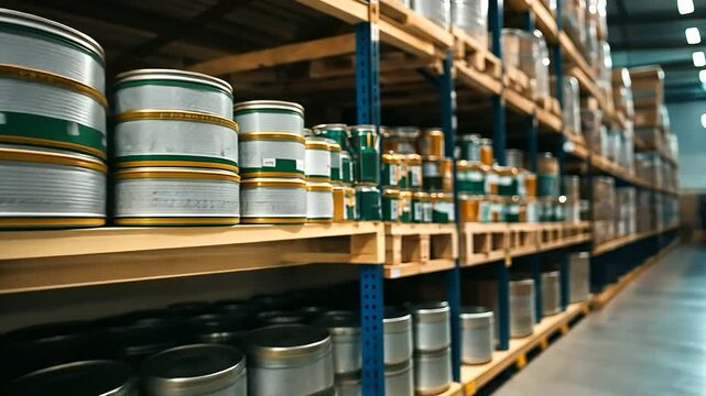 A detailed shot of canned goods with clear labels, neatly stacked on a wooden pallet in a clean and well-organized storage area