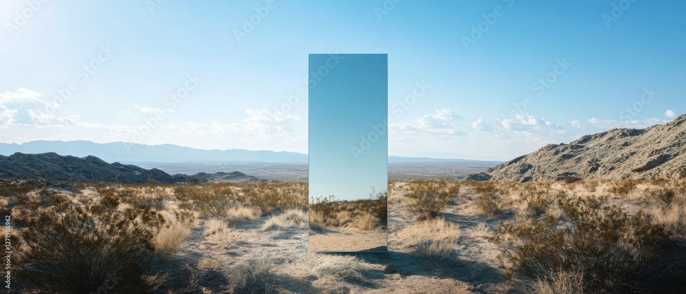 Poster reflective monolith in a desert landscape mirror reflecting the sky and mountains in a vast, arid en