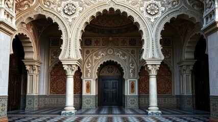 Elegant archway with intricate carvings and ornate tiles, intricate patterns, ornate details, patio features