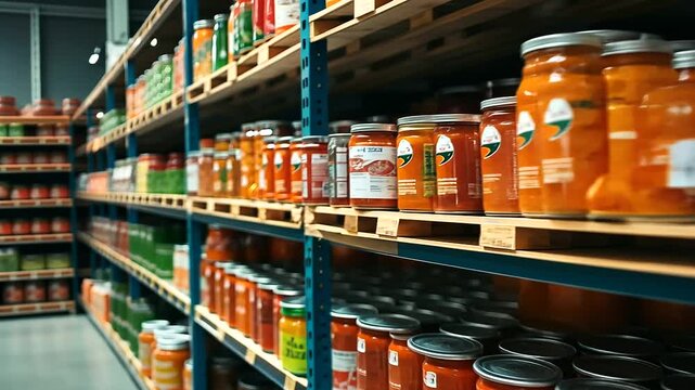 A detailed shot of canned goods with clear labels, neatly stacked on a wooden pallet in a clean and well-organized storage area