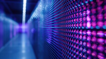 futuristic corridor with glowing violet metal pattern in blurred depth suggesting advanced server room copyspace concept of software, cybersecurity