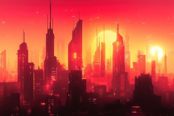 Fototapeta premium Futuristic city skyline illuminated by vibrant sunlight or sunset