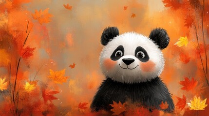 Fototapeta premium Autumn Panda Forest Card Illustration
