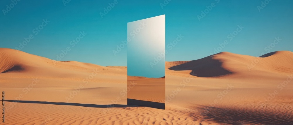 Poster surreal desert landscape with a large reflective mirror standing upright in the sand dunes concept o