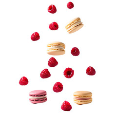 Obraz premium Raspberry Macarons with Raspberries Floating Above Isolated on Transparent Background.