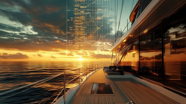 High-end sailing yacht with an economic growth graph subtly integrated into the golden sunset and ocean view. - Powered by Adobe