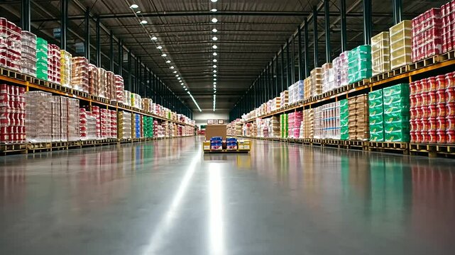A warehouse floor filled with pallets of canned goods ready for distribution, with labels and barcodes visible on the packaging
