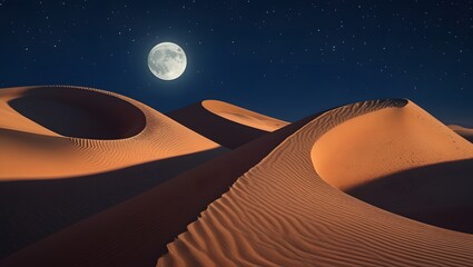 A crescent moon casting shadows on desert sand dunes, Ramadan Ambience.