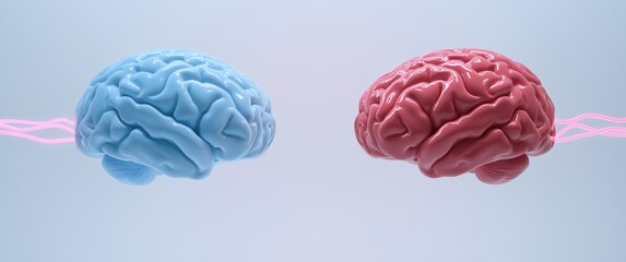 Dual colored brains connected by energy lines representing cognitive functions and neural connections