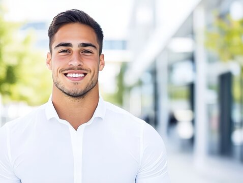 Handsome smiling man in white shirt outdoors symbolizing confidence positivity and professional success in lifestyle and career oriented portrait photography