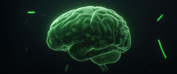 Fototapeta premium Digital brain composed of glowing green data within a dark futuristic environment