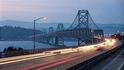 Fototapeta premium Exposure blurred car headlights on the Richmond-San Rafael Bridge at dusk, highway photography, San Rafael Bridge