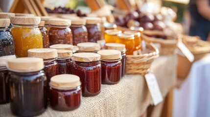 Artisanal jams displayed in jars, showcasing vibrant colors and textures