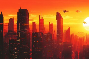 Fototapeta premium Futuristic cityscape bathed in intense orange light with flying vehicles