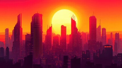 Fototapeta premium Vibrant skyline silhouettes against a luminous sunset like sun