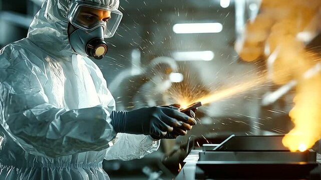 A hazy industrial environment featuring a worker in full protective attire inspecting asbestos sheets, surrounded by complex machinery and airborne dust particles illuminated by ha