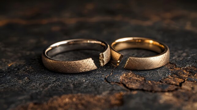 Wedding rings separated on table highlight the pain of broken vows. Generative AI.